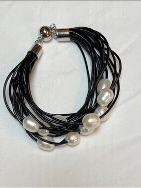 Artisan Multi-Strand Genuine Pearl & Leather Wide Cuff Bracelet